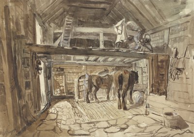 Interior of a Stable, with Two Horses Feeding by Henry William Burgess